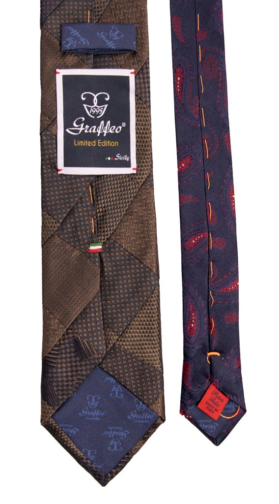 Cravatta Mosaico Patchwork di Seta Verde Oliva Blu Fantasia Made in Italy Graffeo Cravatte Pala