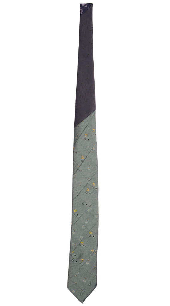 Cravatta Mosaico Patchwork di Seta Verde Salvia Fantasia Giallo Oro Blu Made in Italy Graffeo Cravatte Intera