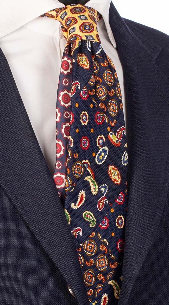 Cravatta Mosaico Stampa Blu Patchwork di Seta Multicolor Made in italy Graffeo Cravatte