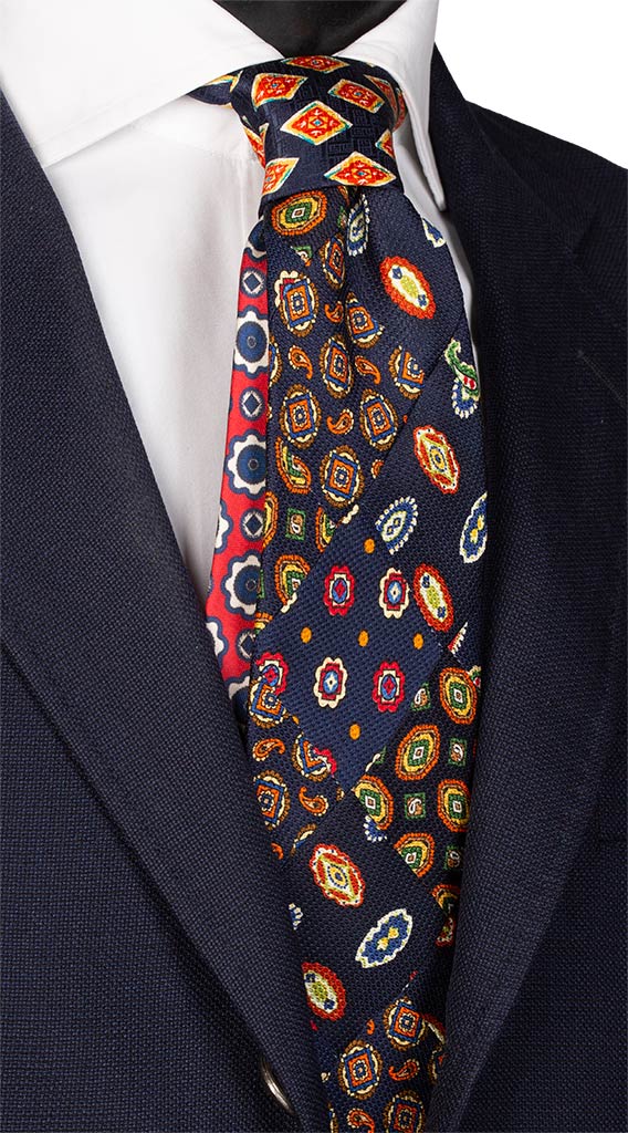 Cravatta Mosaico Stampa Blu Patchwork di Seta Multicolor Made in Italy Graffeo Cravatte