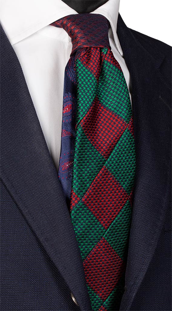 Cravatta Mosaico Verde Rossa Pied de Poule Patchwork di Seta Blu Made in Italy Graffeo Cravatte