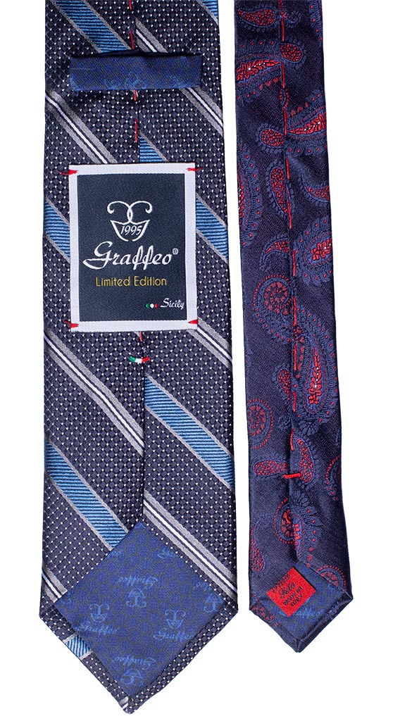 Cravatta Regimental Blu Azzurra Bianco Nodo in Contrasto Grigio Made in Italy Graffeo Cravatte Pala