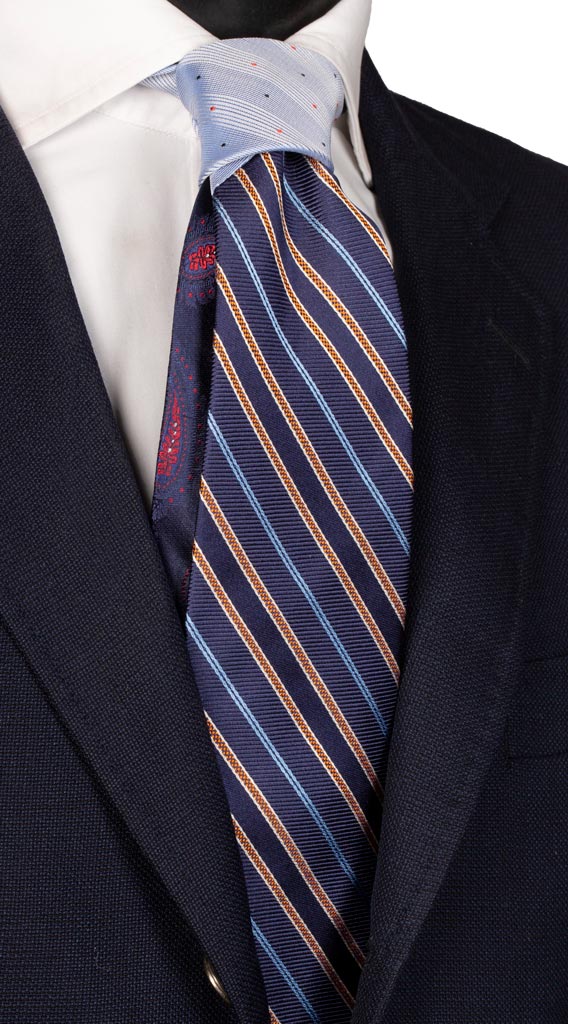Cravatta Regimental Blu Righe Celesti Arancioni Nodo in Contrasto Celeste Made in italy Graffeo Cravatte