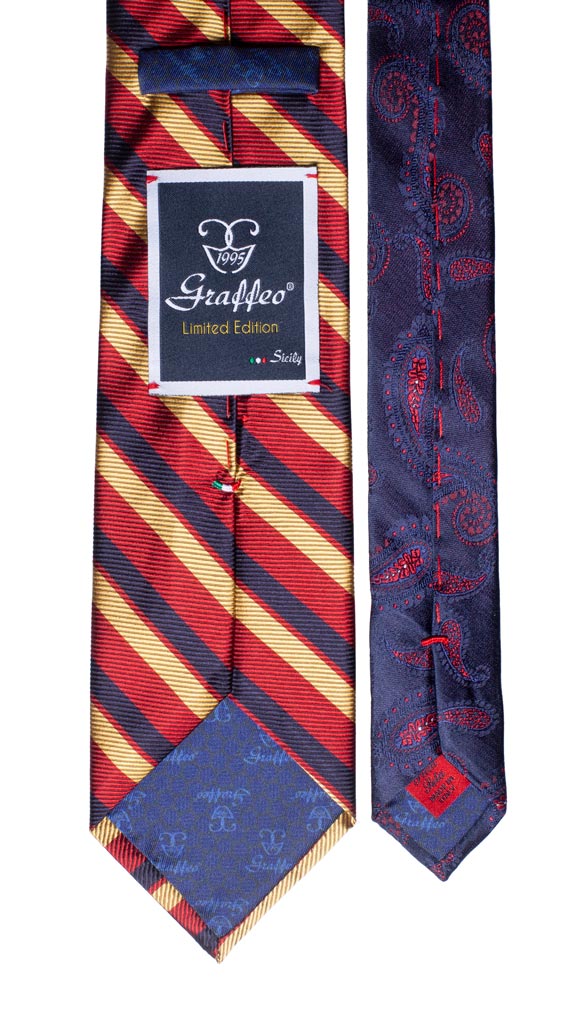 Cravatta Regimental Rossa Blu Giallo Oro Nodo in Contrasto Blu Fantasia Made in Italy Graffeo Cravatte Pala