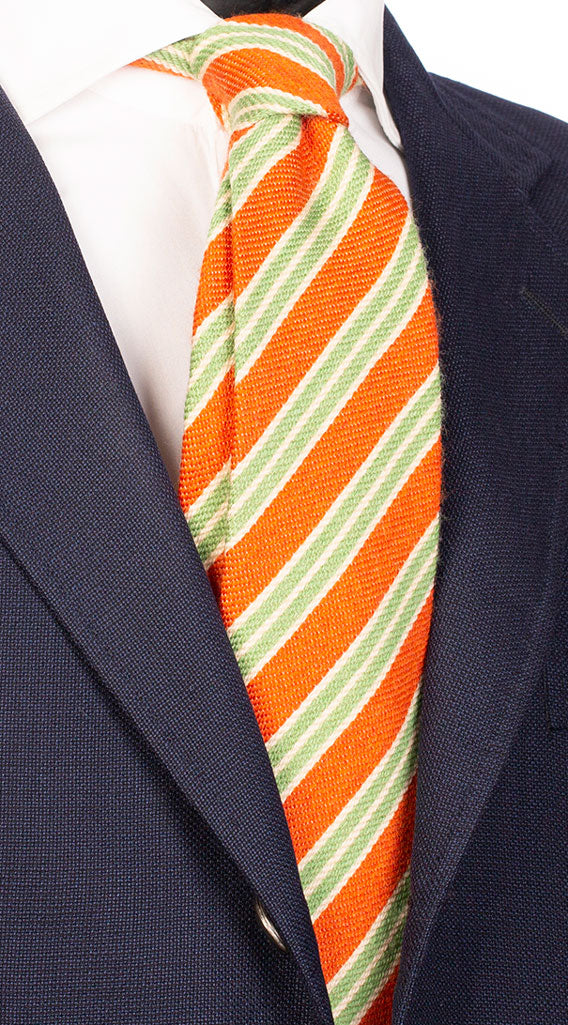 Cravatta Regimental Sfoderata in Lana Seta a Righe Arancione Verde Bianco Made in Italy Graffeo Cravatte