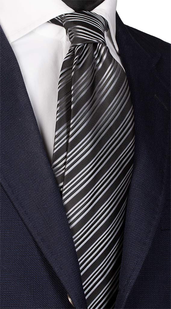 Cravatta Regimental Uomo per Cerimonia di Seta Nera Grigio Chiaro Made in Italy Graffeo Cravatte