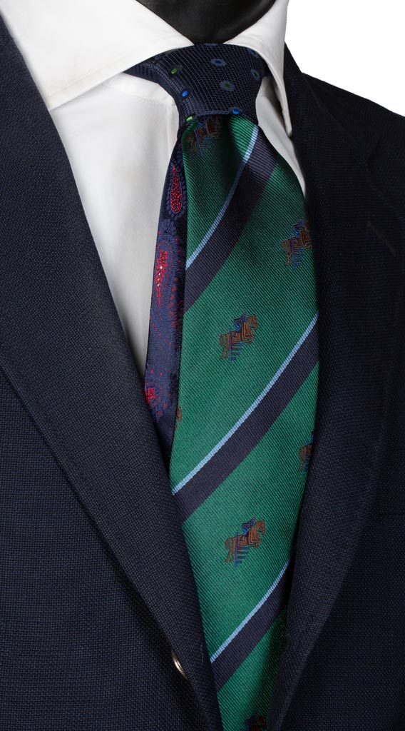 Cravatta Regimental Verde Blu Celeste con Animali Nodo in Contrasto Blu Made in Italy Graffeo Cravatte