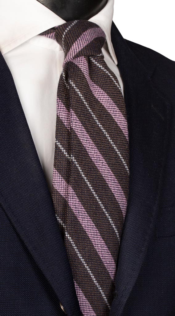 Cravatta Regimental di Lana Marrone Blu Righe Rosa Grigio Chiaro Made in Italy Graffeo Cravatte