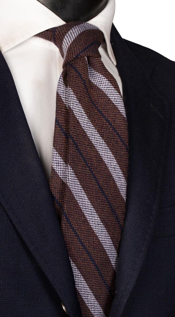 Cravatta Regimental di Lana Marrone Righe Blu Celesti Made in Italy graffeo Cravatte