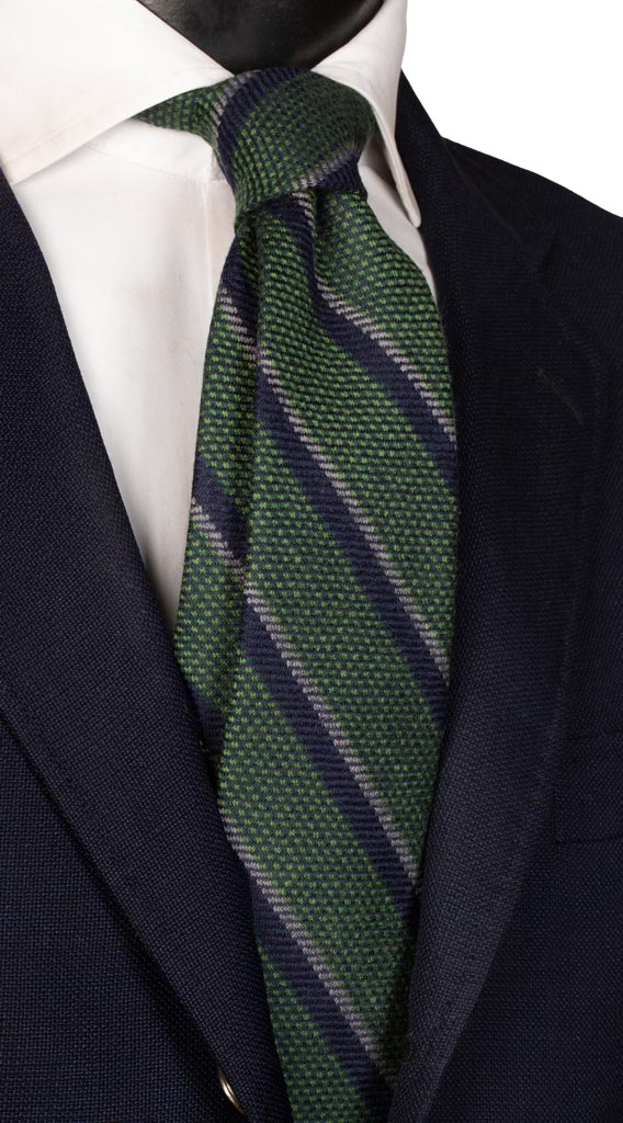Cravatta Regimental di Lana Verde Righe Blu Grigie Made in Italy Graffeo Cravatte