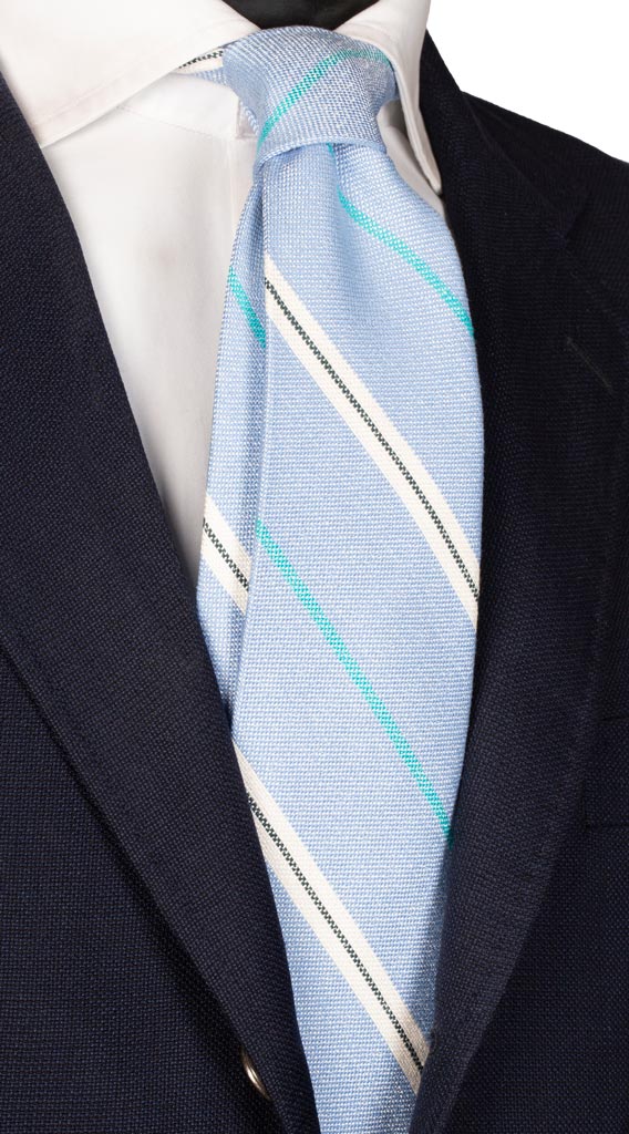 Cravatta Regimental di Seta Azzurra Bianca Verde Made in Italy Graffeo Cravatte