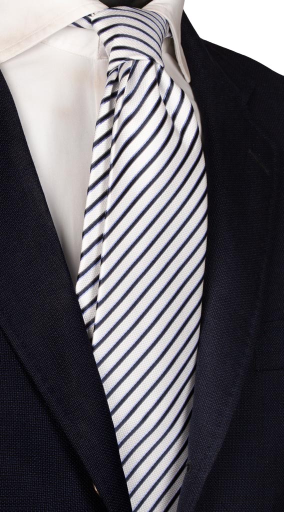 Cravatta Regimental di Seta Bianca Blu Celeste Made in Italy Graffeo Cravatte