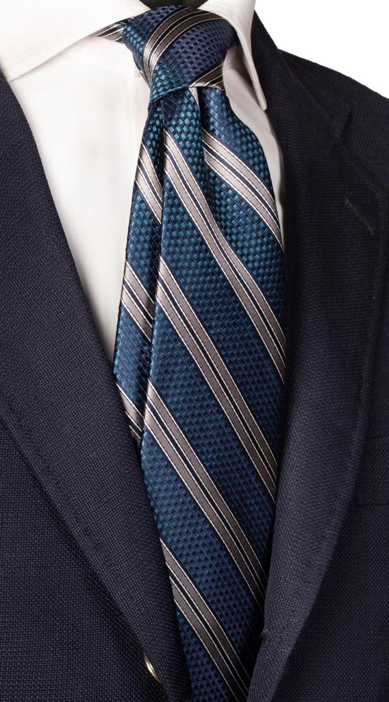 Cravatta Regimental di Seta Blu Avio Grigio Made in Italy Graffeo Cravatte