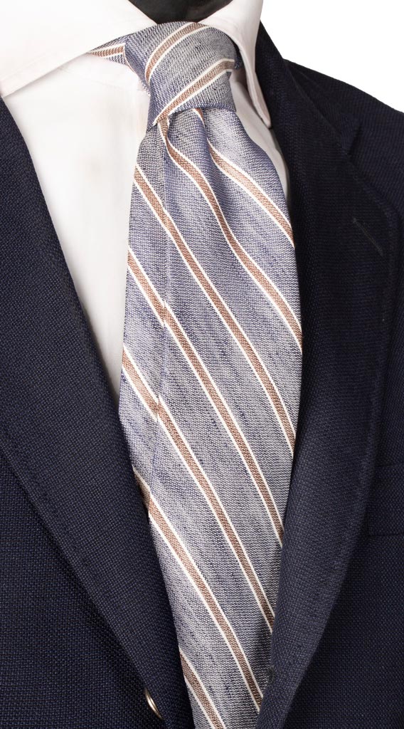 Cravatta Regimental di Seta Blu Navy Righe Marrone Bianco Made in Italy Graffeo Cravatte