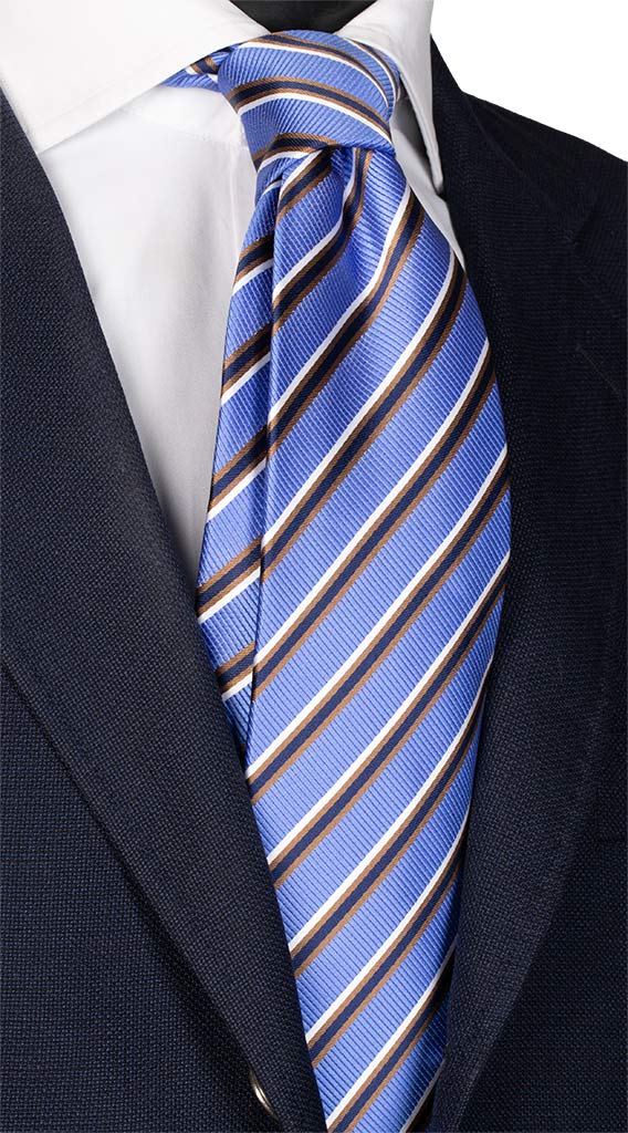 Cravatta Regimental di Seta Bluette Marrone Blu Bianco Made in Italy Graffeo Cravatte