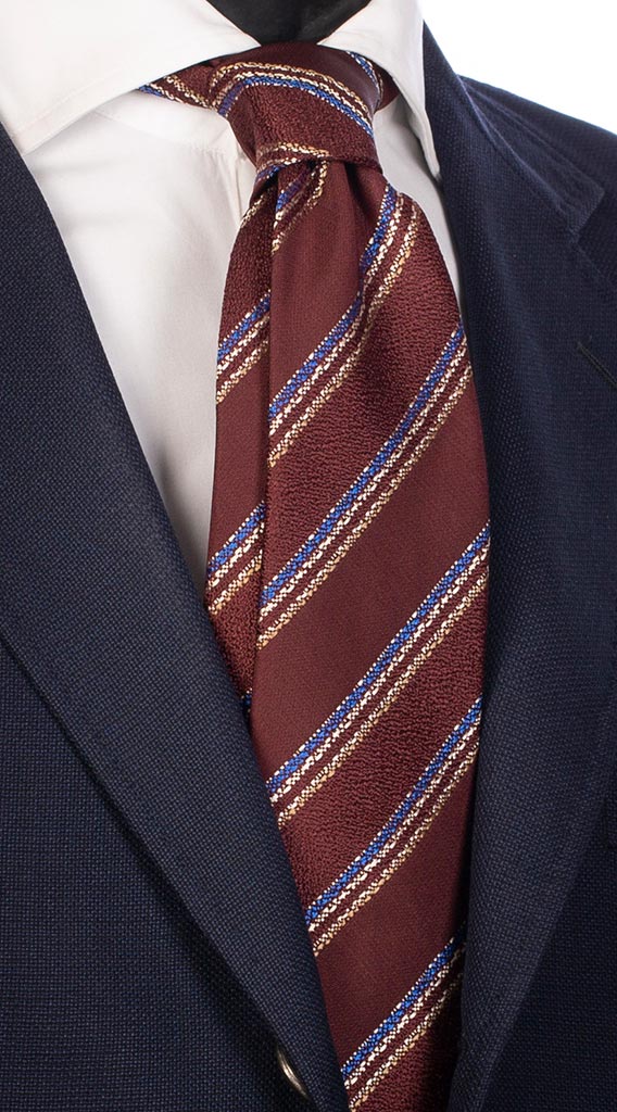 Cravatta Regimental di Seta Bordeaux Righe Bluette Beige Bianche Made in Italy Graffeo Cravatte