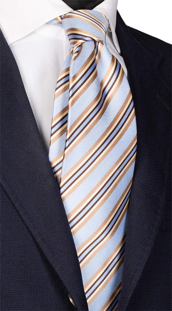 Cravatta Regimental di Seta Celeste Beige Marrone Made in Italy Graffeo Cravatte