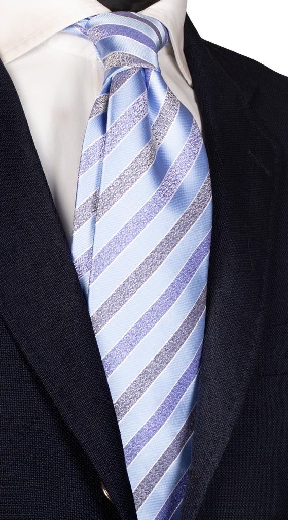 Cravatta Regimental di Seta Celeste Blu Bianco Made in Italy Graffeo Cravatte