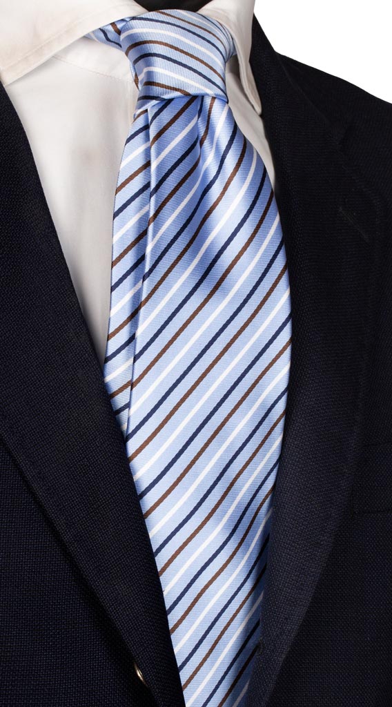 Cravatta Regimental di Seta Celeste Blu Marrone Bianco Made in Italy graffeo Cravatte