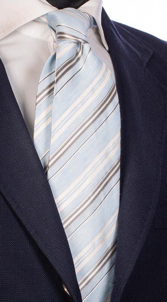 Cravatta Regimental di Seta Celeste Chiaro Bianco Grigio Made in Italy Graffeo Cravatte