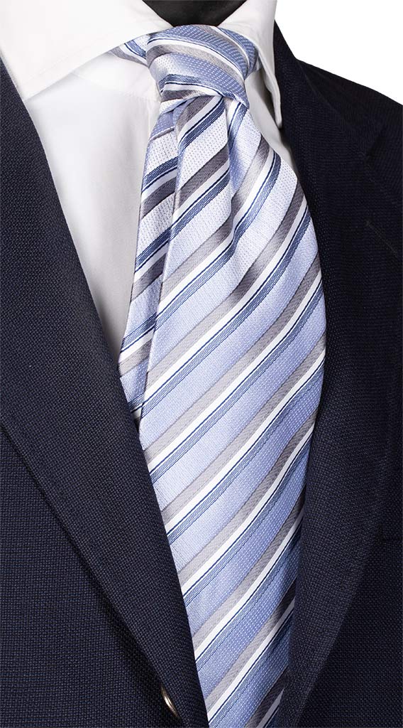 Cravatta Regimental di Seta Celeste Grigio Blu Bianco Made in Italy Graffeo Cravatte