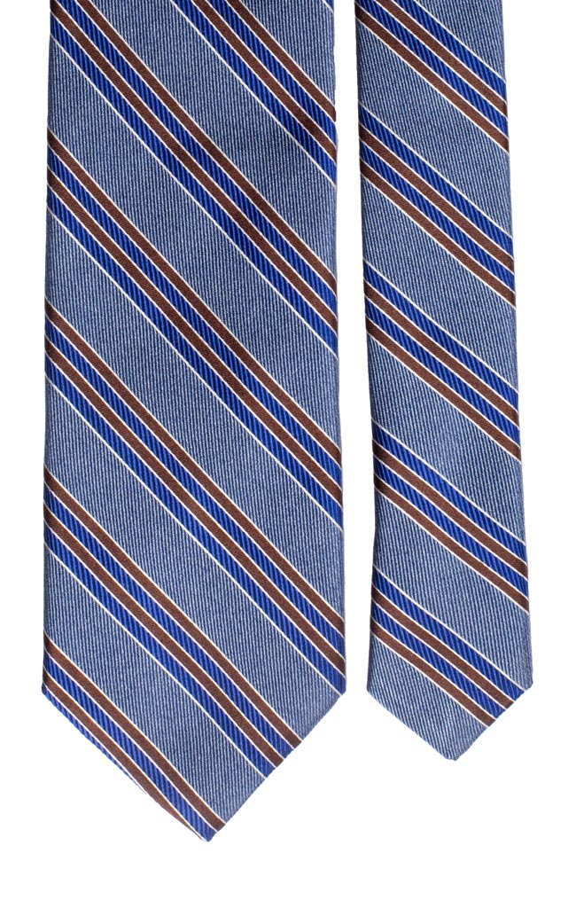 Cravatta Regimental di Seta Blu Jeans Righe Marrone Bluette Bianco Made in Italy Graffeo Cravatte Pala