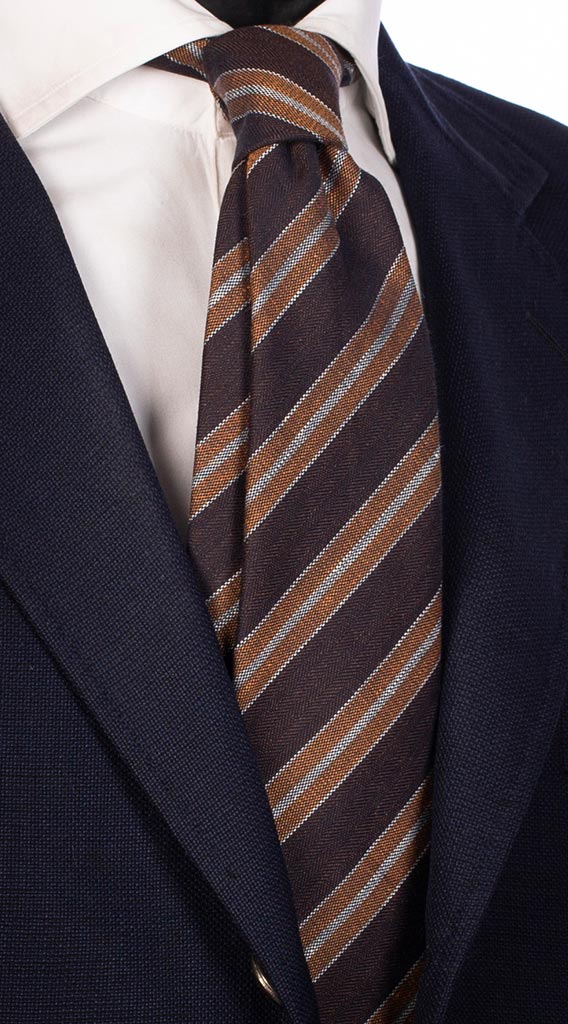 Cravatta Regimental di Seta Effetto Lino Marrone Grigio Ruggine Made in Italy Graffeo Cravatte