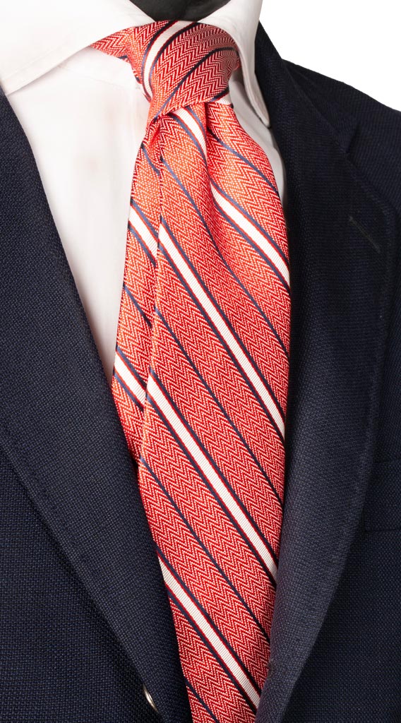 Cravatta Regimental di Seta Fantasia Lisca di Pesce Rossa Bianca Blu Made in Italy Graffeo Cravatte