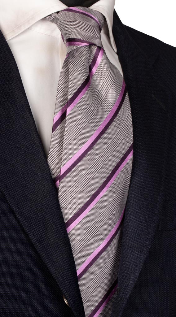 Cravatta Regimental di Seta Principe-di-Galles Grigia Righe Vinaccia Viola Made in Italy graffeo Cravatte