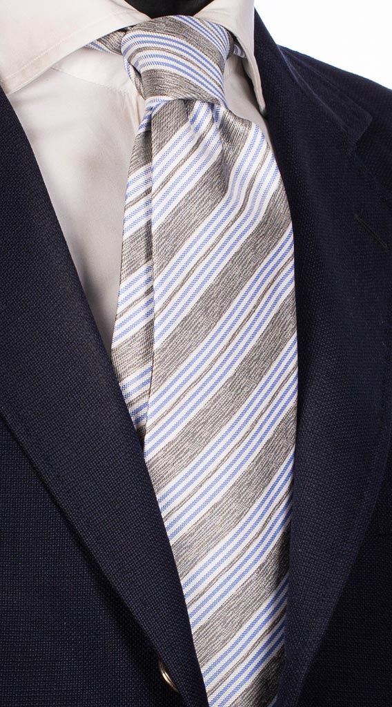 Cravatta Regimental di Seta Grigia Bianco Celeste Made in Italy Graffeo Cravatte