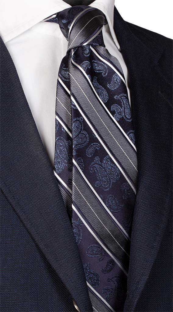 Cravatta Regimental di Seta Jaspé Blu Paisley Grigio Bianco Made in Italy Graffeo Cravatte