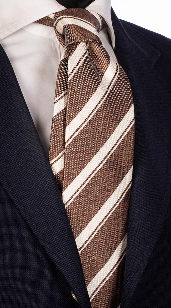 Cravatta Regimental di Seta Marrone Bianco Effetto Lino Made in Italy Graffeo Cravatte
