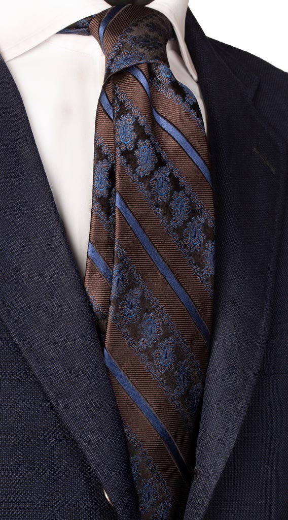 Cravatta Regimental di Seta Marrone Blu Avio Paisley Tono su Tono Made in Italy graffeo Cravatte