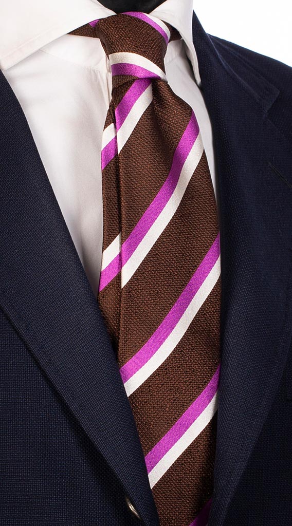 Cravatta Regimental di Seta Marrone Viola Bianco Perla Made in Italy Graffeo Cravatte