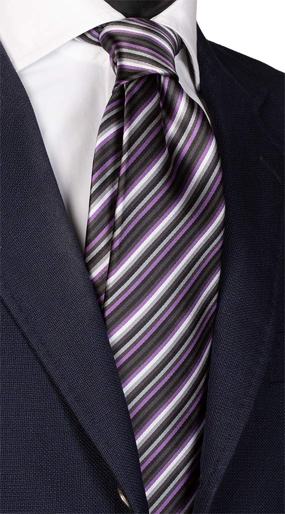 Cravatta Regimental di Seta Nera Viola Grigio Bianco Made in Italy Graffeo Cravatte