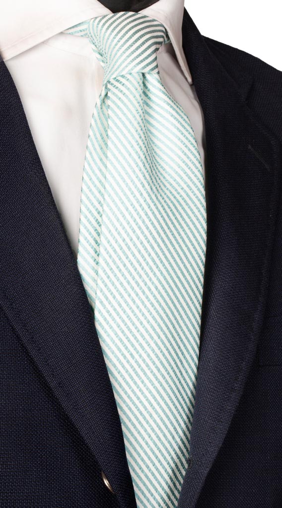 Cravatta Regimental di Seta Righe Bianco Verde Acqua Effetto Stropicciato Made in Italy Graffeo Cravatte