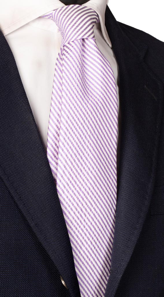 Cravatta Regimental di Seta Righe Bianco Viola Effetto Stropicciato Made in Italy Graffeo Cravatte