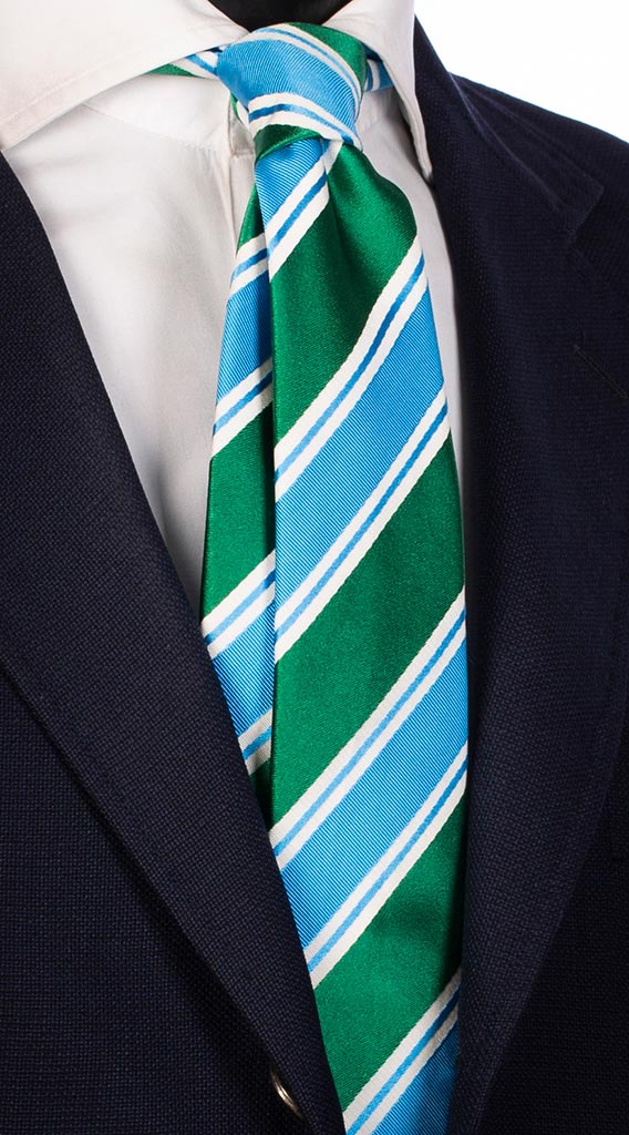 Cravatta Regimental di Seta Verde Celeste Bianco Made in Italy Graffeo Cravatte