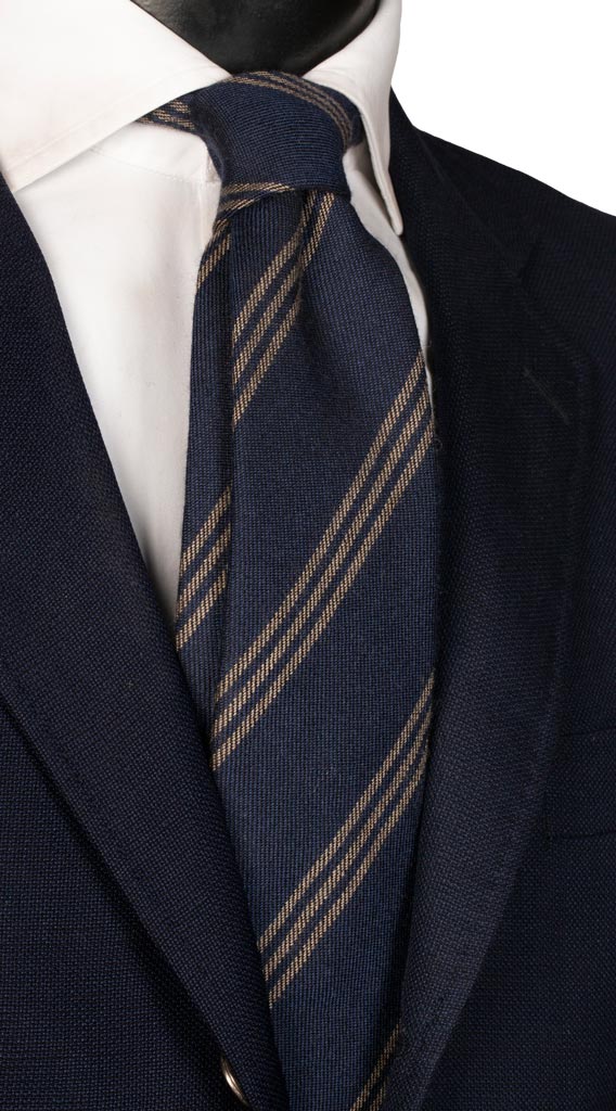 Cravatta Regimental in Lana Cashmere Blu Righe Beige Made in Italy Graffeo Cravatte