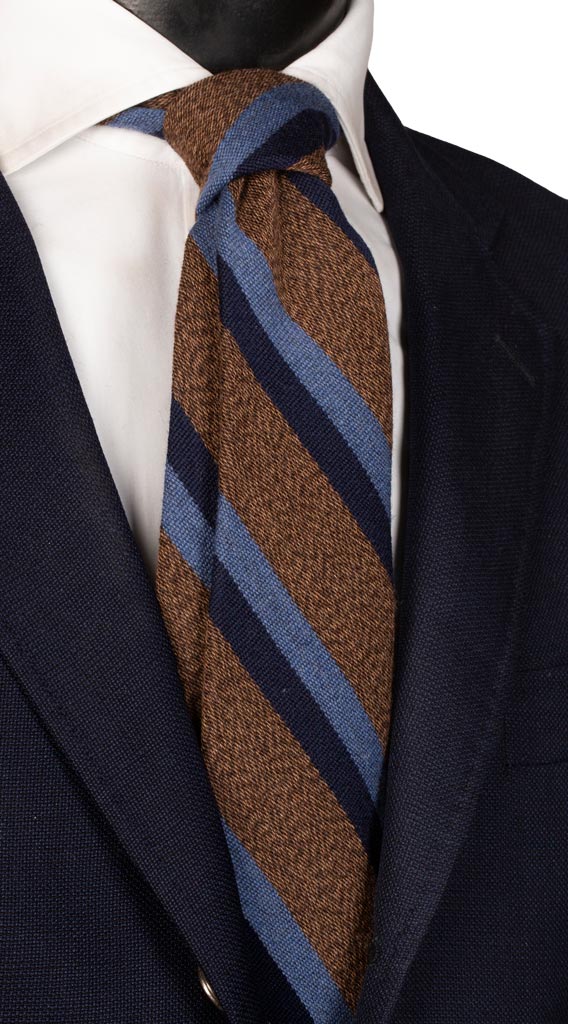 Cravatta Regimental in Lana Seta Marrone chiaro Righe Blu Celesti Made in Italy graffeo Cravatte