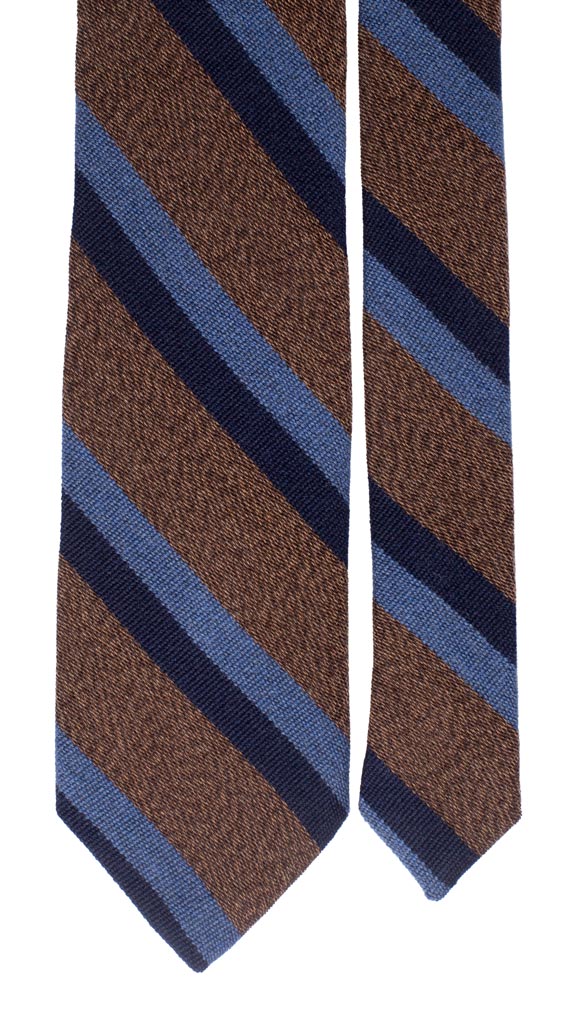 Cravatta Regimental in Lana Seta Marrone chiaro Righe Blu Celesti Made in Italy Graffeo Cravatte pala