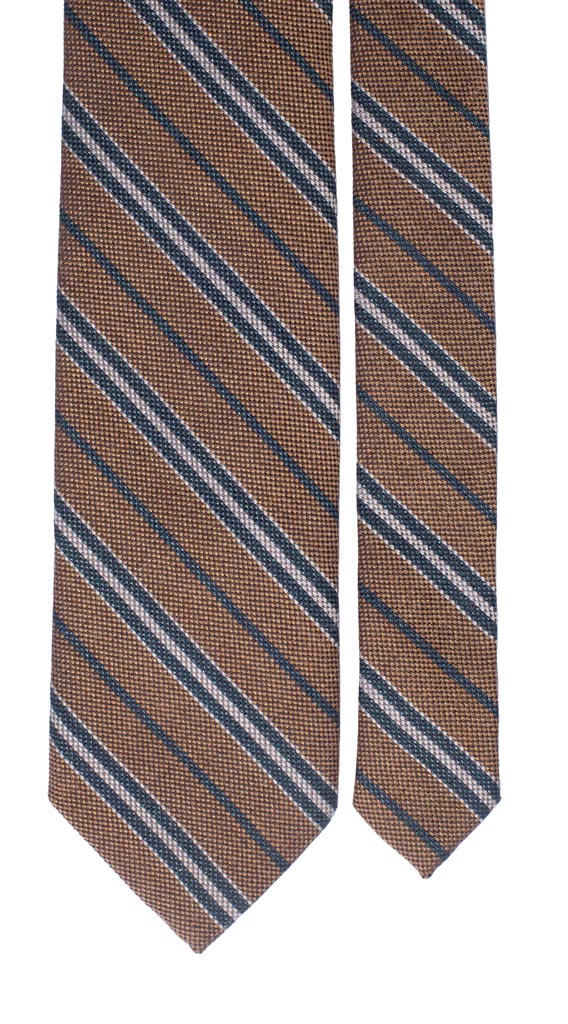 Cravatta Regimental in Lana Seta Marrone chiaro Righe Verdi Grigie Made in Italy Graffeo Cravatte Pala
