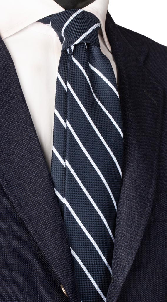 Cravatta Regimental in Seta Cotone Blu Righe Bianche Celesti Made in Italy Graffeo Cravatte
