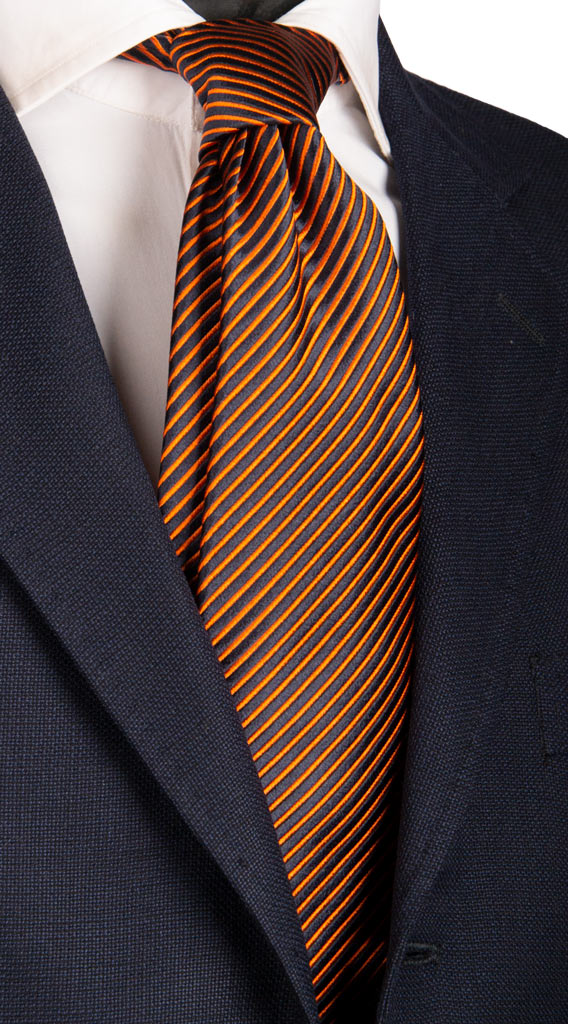 Cravatta Sette Pieghe Regimental di Seta Blu Righe Arancioni Made in Italy Graffeo Cravatte