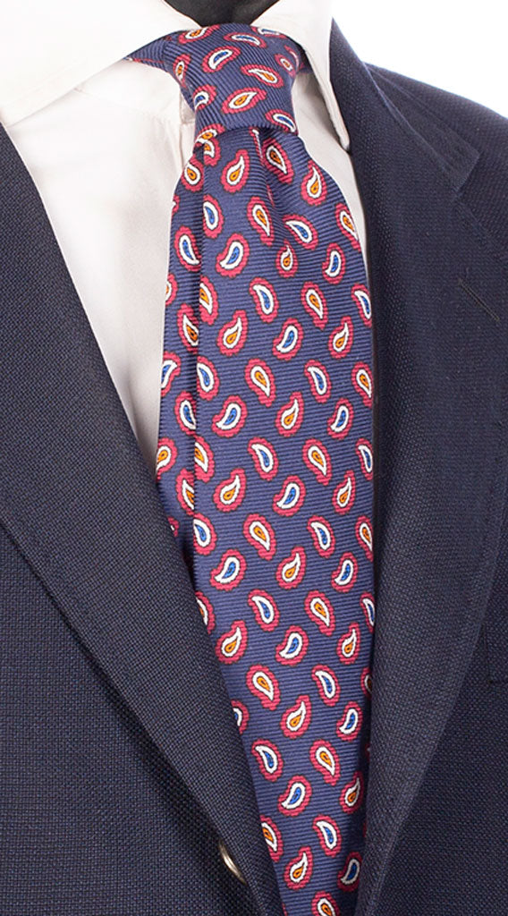 Cravatta Sette Pieghe Stampa di Seta Blu Navy Paisley Multicolor Made in Italy Graffeo Cravatte