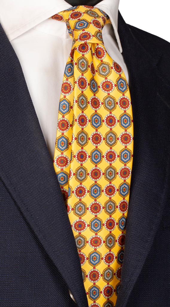 Cravatta Sette Pieghe Stampa di Seta Gialla Fantasia Multicolor Made in Italy Graffeo Cravatte