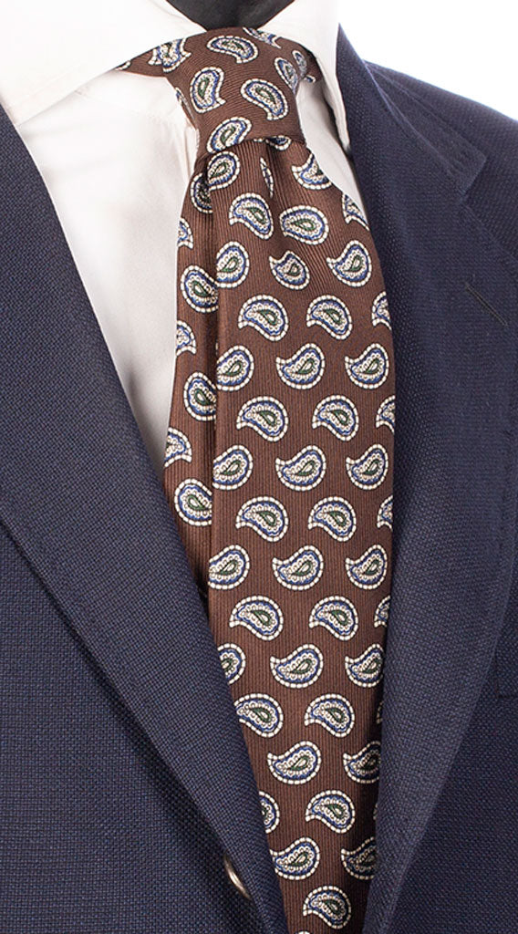 Cravatta Sette Pieghe Stampa di Seta Marrone Paisley Bianco Bluette Verde Made in Italy Graffeo Cravatte