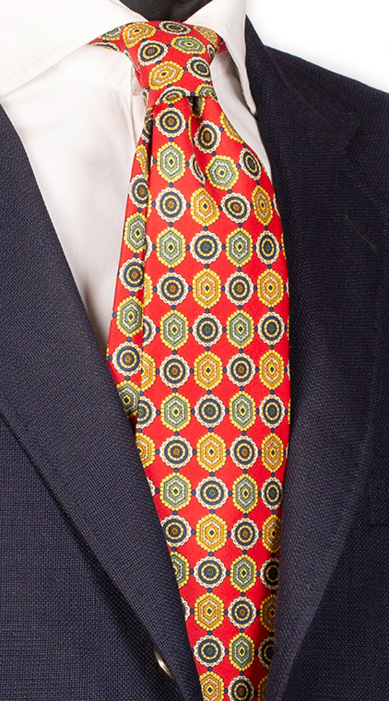 Cravatta Sette Pieghe Stampa di Seta Rossa Fantasia Gialla Blu Verde Made in Italy Graffeo Cravatte