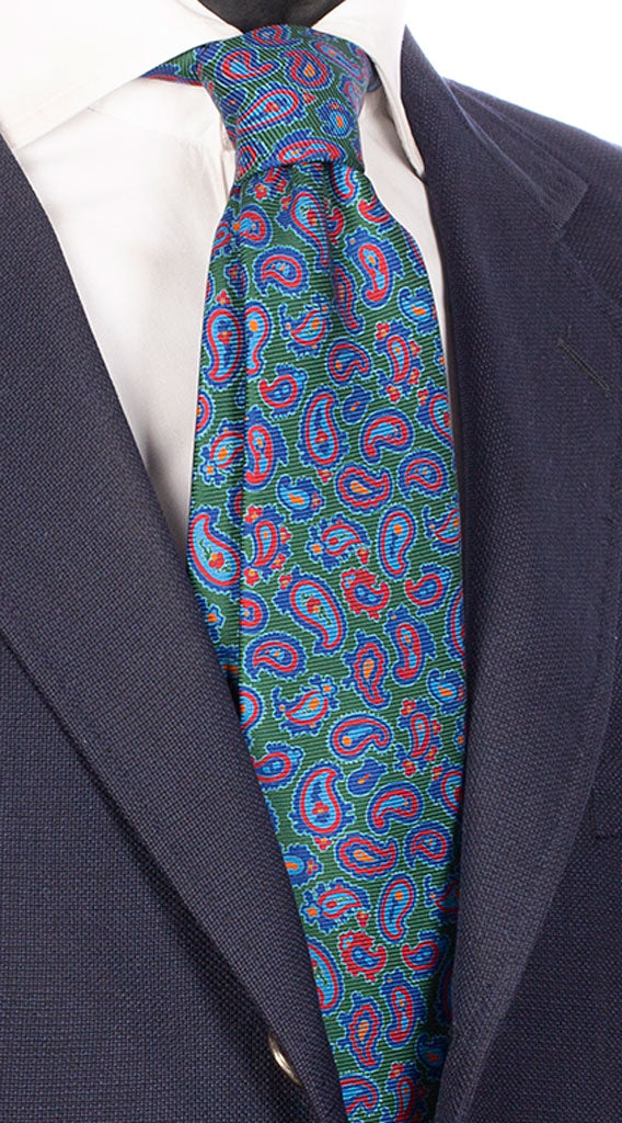 Cravatta Sette Pieghe Stampa di Seta Verde Paisley Multicolor Made in Italy Graffeo Cravatte