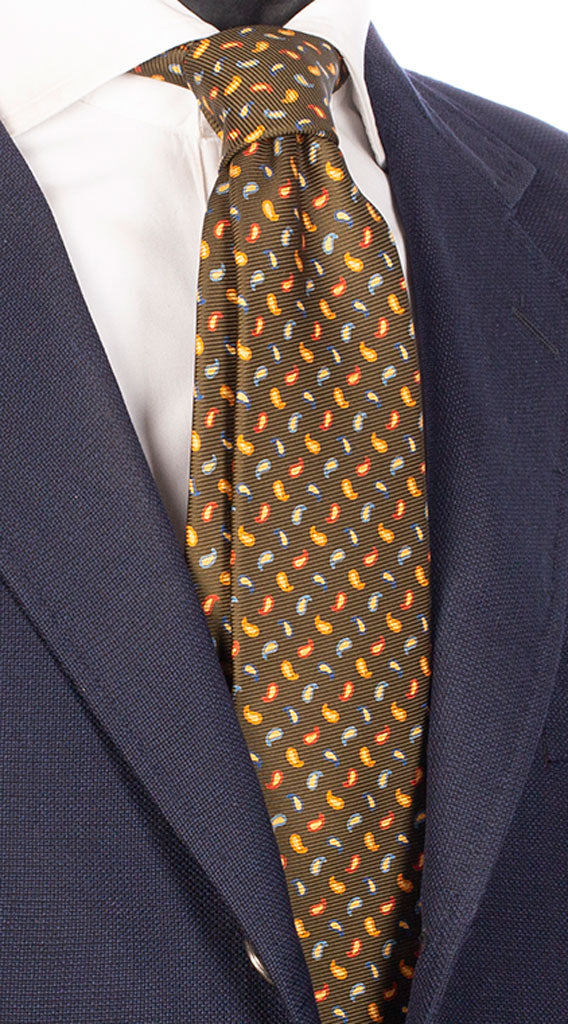 Cravatta Sette Pieghe Stampa di Seta Verde Paisley Multicolor Made in Italy Graffeo Cravatte